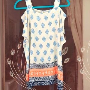 Mittoshop Blue Orange Open Cold  Shoulder Boho Blouse tunic Top Sz M
